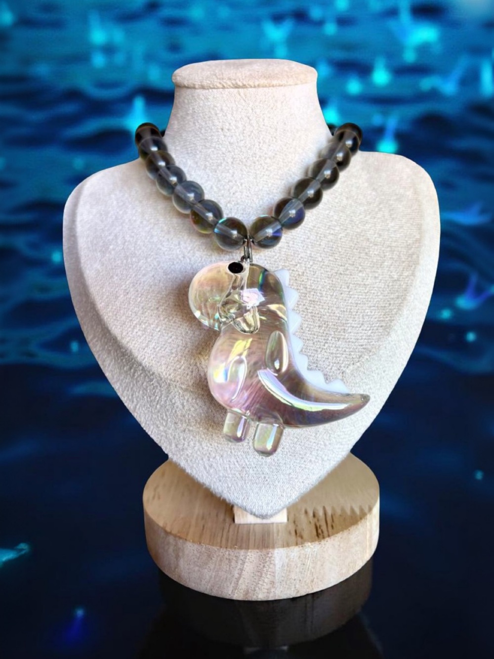 One-of-a-kind Iridescent Dinosaur Pendant Necklace - Smoky Gray Beaded Chain